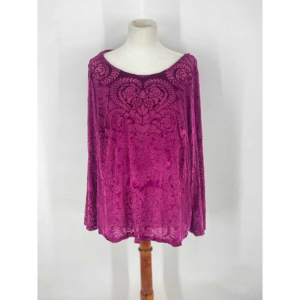 Roz & Ali Magenta Burnout Velvet Paisley 3/4‎ Sleeve Overlay Tank Size 2X Y2K